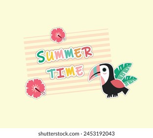 Vector summer cards with phrases. Beautiful posters, stickers for kids' t-shirts, rooms, or bedrooms. Beautiful backgrounds with summer fruits, trees, Flamingo ,and Flowers. Hand-drawn letters.