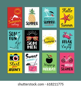Vector Summer cards templates. Hand drawn Summer tags, labels or posters collection. Vector illustration. 