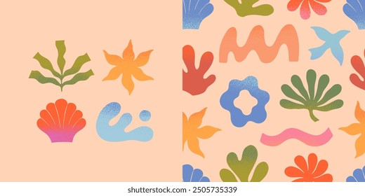 Vector summer cards.Nature elements and artistic seamless pattern.Hand drawn palm,sun,coral,seashell,wave.Trendy designs for banners,smm,branding,packaging, covers,prints.Summer vacation aesthetic