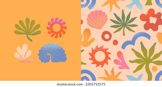 Vector summer cards.Nature elements and artistic seamless pattern.Hand drawn palm,sun,coral,seashell,wave.Trendy designs for banners,smm,branding,packaging, covers,prints.Summer surf club aesthetic