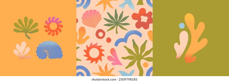 Tarjetas de verano de Vector. Elementos de Naturaleza y patrón artístico sin fisuras. Palma dibujada a mano, sol, coral, concha, ola. Diseños de moda para Anuncios, smm, marca, empaques, cubiertas, impresiones. Club de surf de verano 