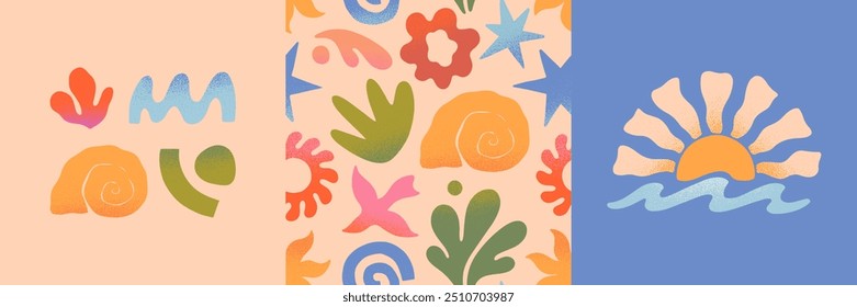 Vector summer cards.Nature elements and artistic seamless pattern.Hand drawn palm,sun,coral,seashell,wave.Trendy designs for banners,smm,branding,packaging, covers,prints.Summer surf club 
