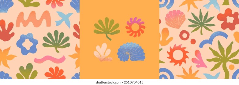 Vector summer cards.Nature elements and artistic seamless patterns.Hand drawn palm,sun,coral,seashell,wave.Trendy designs for banners,smm,branding,packaging, covers,prints.Summer vacation aesthetic