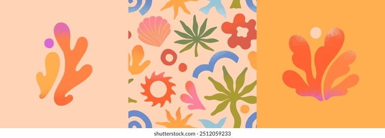 Vector summer cards.Nature elements and artistic seamless patterns.Hand drawn palm,sun,coral,seashell,wave.Trendy designs for banners,smm,branding,packaging, covers,prints.Summer vacation aesthetic