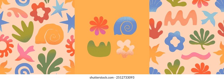 Vetor cartões de verão.Elementos de natureza e padrão artístico sem emenda.Mão desenhada palma,sol,coral,concha,wave.Trendy projetos para banners,smm,branding,embalagem, covers,prints.Summer surf club 
