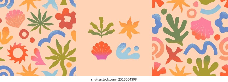 Vetor cartões de verão.Elementos de natureza e padrões artísticos sem emenda.Palma desenhada à mão,sol,coral,concha,wave.Trendy projetos para banners,smm,branding,embalagem, covers,prints.Summer férias estética
