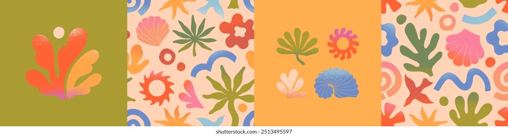 Vector summer cards.Nature elements and artistic seamless patterns.Hand drawn palm,sun,coral,seashell,wave.Trendy designs for banners,smm,branding,packaging, covers,prints.Summer vacation aesthetic