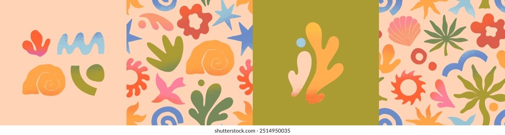 Tarjetas de verano de Vector. Elementos de Naturaleza y patrones artísticos sin costuras. Palma dibujada a mano, sol, coral, concha, onda. Diseños de moda para Anuncios, smm, marca, empaques, cubiertas, estética de vacaciones de verano
