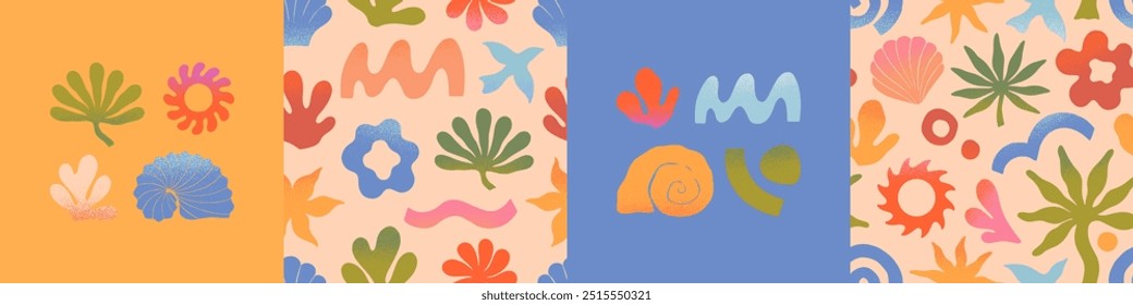 Vector summer cards.Nature elements and artistic seamless pattern.Hand drawn palm,sun,coral,seashell,wave.Trendy designs for banners,smm,branding,packaging, covers,prints.Summer surf club 