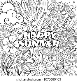 Vector of summer cartoon doodle floral objects, symbols and items. Perfect for cards, prints, flyers, banners, invitations, coloring books