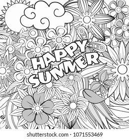 Vector of summer cartoon doodle floral objects, symbols and items. Perfect for cards, prints, flyers, banners, invitations, coloring books