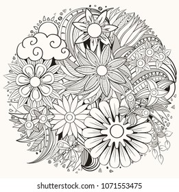 Vector of summer cartoon doodle floral objects, symbols and items. Round frame composition. Perfect for cards, prints, flyers, banners, invitations, coloring books