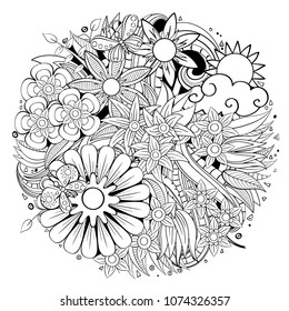 Vector of summer cartoon doodle floral objects, symbols and items. Round frame composition. Perfect for cards, prints, flyers, banners, invitations, coloring books