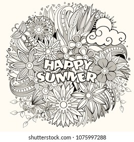 Vector of summer cartoon doodle floral objects, symbols and items. Round frame composition. Perfect for cards, prints, flyers, banners, invitations, coloring books