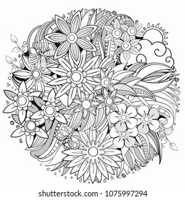 Vector of summer cartoon doodle floral objects, symbols and items. Round frame composition. Perfect for cards, prints, flyers, banners, invitations, coloring books