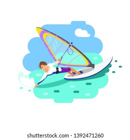 Vector summer cartoon flat sport icon sporty guy with a muscled muscular torso on the board with a sail on the waves, kayaking, sailing, windsurfing, marine flat background with seagulls eps 10