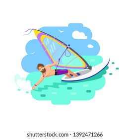 Vector summer cartoon flat sport icon sporty guy with a naked muscled muscular torso on the board with a sail on the waves, kayaking, sailing, windsurfing, marine flat background with seagulls eps 10