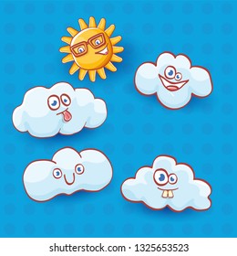 vector summer cartoon icon set with  funky cartoon summer sun character and cute clouds in blue sky .  funky kids summer stickers