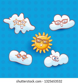 vector summer cartoon icon set with  funky cartoon summer sun character and cute clouds in blue sky .  funky kids summer stickers