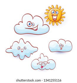 vector summer cartoon icon set with funky cartoon summer sun character and cute clouds isolated on white . funky kids summer stickers 