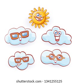 vector summer cartoon icon set with funky cartoon summer sun character and cute clouds isolated on white . funky kids summer stickers 
