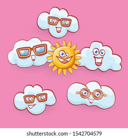 vector summer cartoon icon set with funky cartoon summer sun character and cute clouds isolated on pink background. funky kids summer stickers