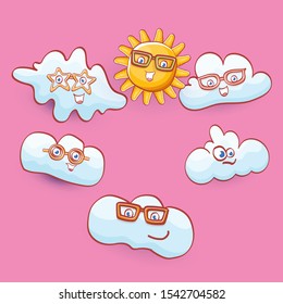 vector summer cartoon icon set with funky cartoon summer sun character and cute clouds isolated on pink background. funky kids summer stickers