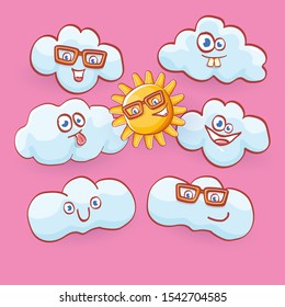 vector summer cartoon icon set with funky cartoon summer sun character and cute clouds isolated on pink background. funky kids summer stickers