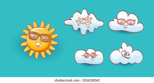 vector summer cartoon icon set with funky cartoon summer sun character and cute clouds isolated on blue sky. funky kids summer stickers set with sun and clouds 