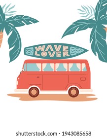 Vector summer cartoon illustration with car or bus, surfboard, palm and lettering ‘Wave lover’. For print, poster and card.