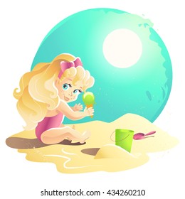 Vector summer cartoon illustration. Flat young baby girl character sitting on sand playing with sand castle.