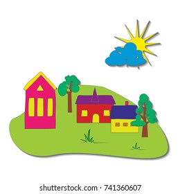 Vector summer cartoon illustration. Stylized european houses with and sun.