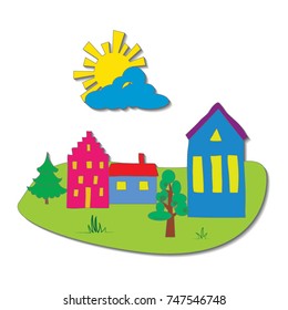 Vector summer cartoon illustration. Stylized european houses with and sun. 