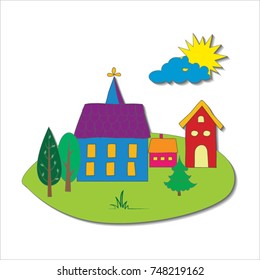 Vector summer cartoon illustration. Stylized european houses with and sun. 
