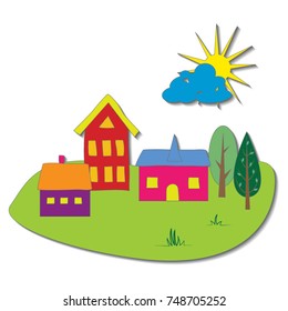 Vector summer cartoon illustration. Stylized european houses with and sun. 