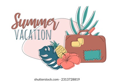 Vector summer cartoon illustration with suitcase, tropical leaves, ananas and hibiscus flower and lettering ‘Summer vacation’. For print, poster, design and card.