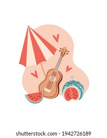 Vector summer cartoon illustration with watermelon, ukulele, umbrella and hearts. For print, poster and card.