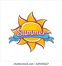 Vector summer cartoon label or icon with sun isolated on white background