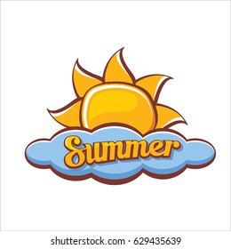 Vector summer cartoon label or icon with sun isolated on white background