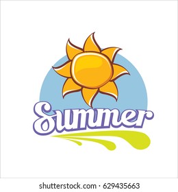 Vector summer cartoon label or icon with sun, blue sky and abstract green field isolated on white background