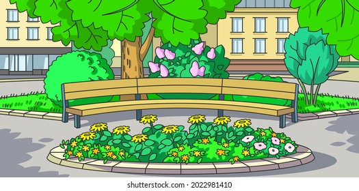 Vektorsommerliche Cartoonlandschaft. Eine Bank im Park und auf dem Hintergrund.