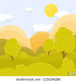 Vector summer cartoon landscape with green hills, mountains and trees.