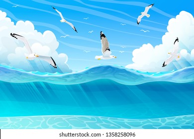vector summer cartoon sea, ocean, underwater seascape
