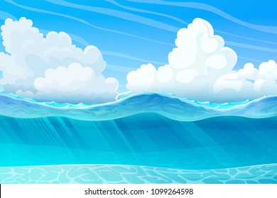 vector summer cartoon seascape, sea, ocean, clouds illustration. Underwater, undersea, seabed horizontal panorama view. Maritime landscape handdrawn wallpaper. Simple nature background Outdoor sketch