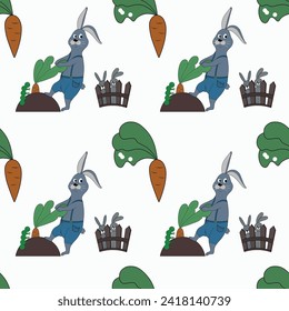 Vector summer, children's illustration with hare, vegetable garden, carrot, caterpillar