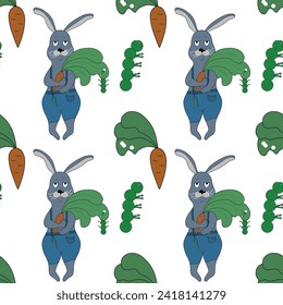 Vector summer, children's illustration with hare, vegetable garden, carrot, caterpillar