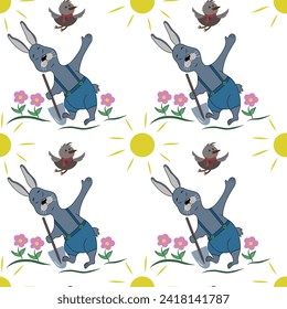 Vector summer, children's illustration with hare, bird, sun, flowers