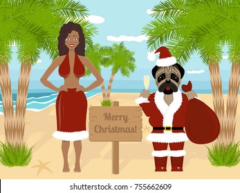 Vector summer christmas card with pug dog and dark-skinned girl in santa costumes on the beach.