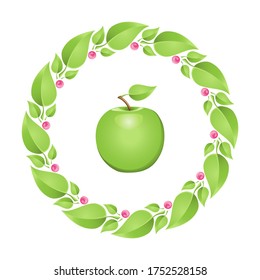 Vector summer circle design elements with ripe green apples and fresh green leaves