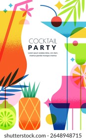 Vector summer cocktail party poster with tropical drinks, lemon, pineapple, and palm leaves. Design template for beach bar menu, flyer, banner, holiday event or celebration invitation